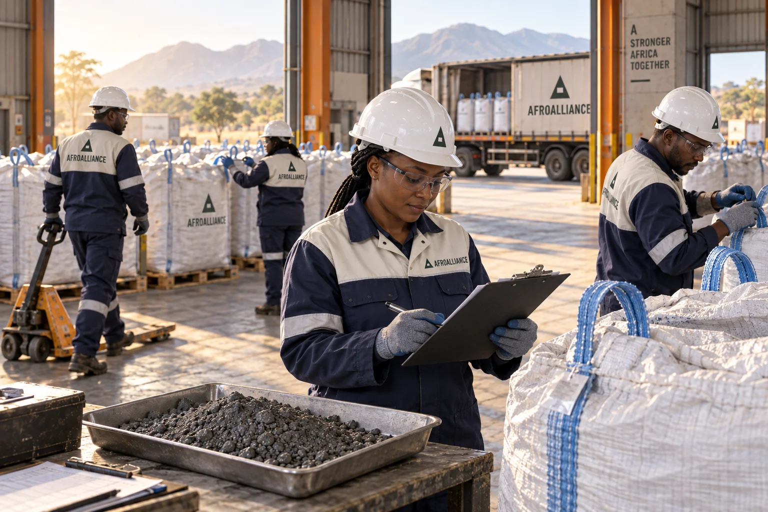 Illustrative Afroalliance brand scene: four workers preparing cobalt-concentrate bags for warehouse dispatch.