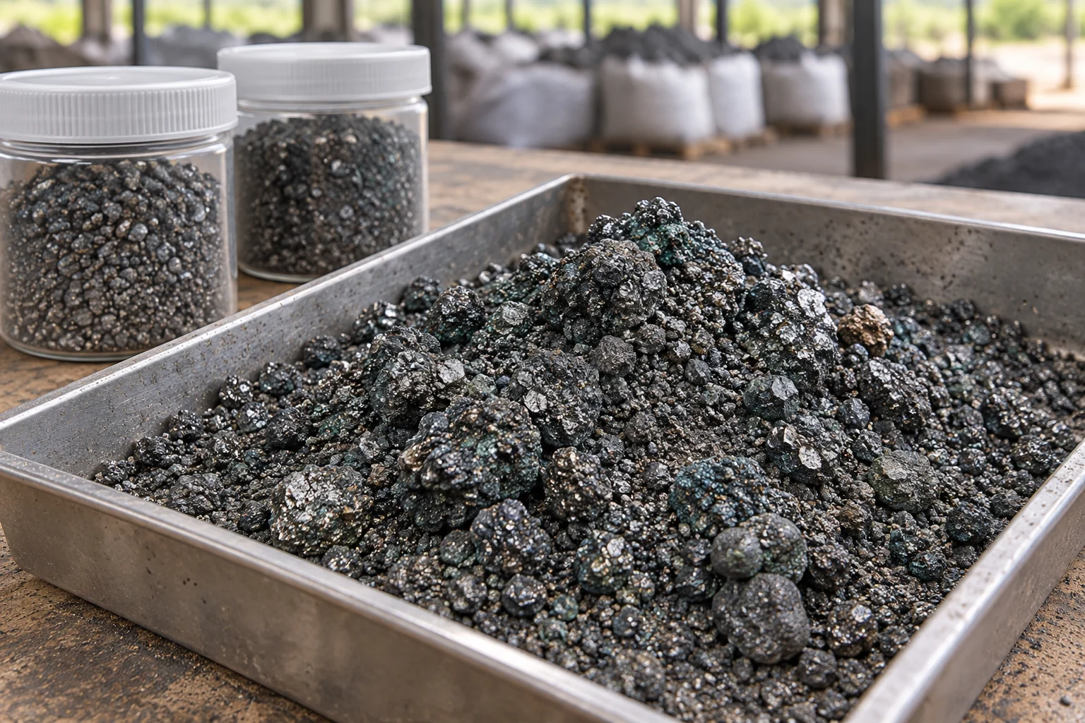 AI-generated illustration of cobalt-bearing concentrate on an inspection bench; not Afroalliance stock