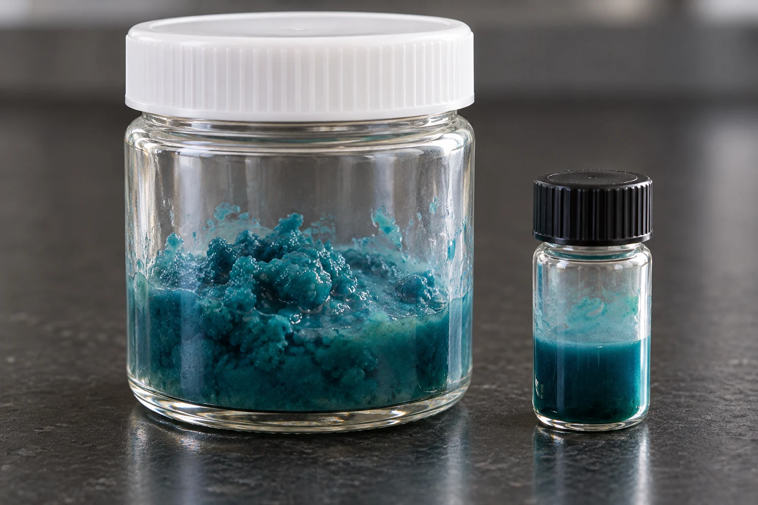 AI-generated illustration of a blue cobalt(II) hydroxide laboratory sample in a capped jar; not Afroalliance inventory