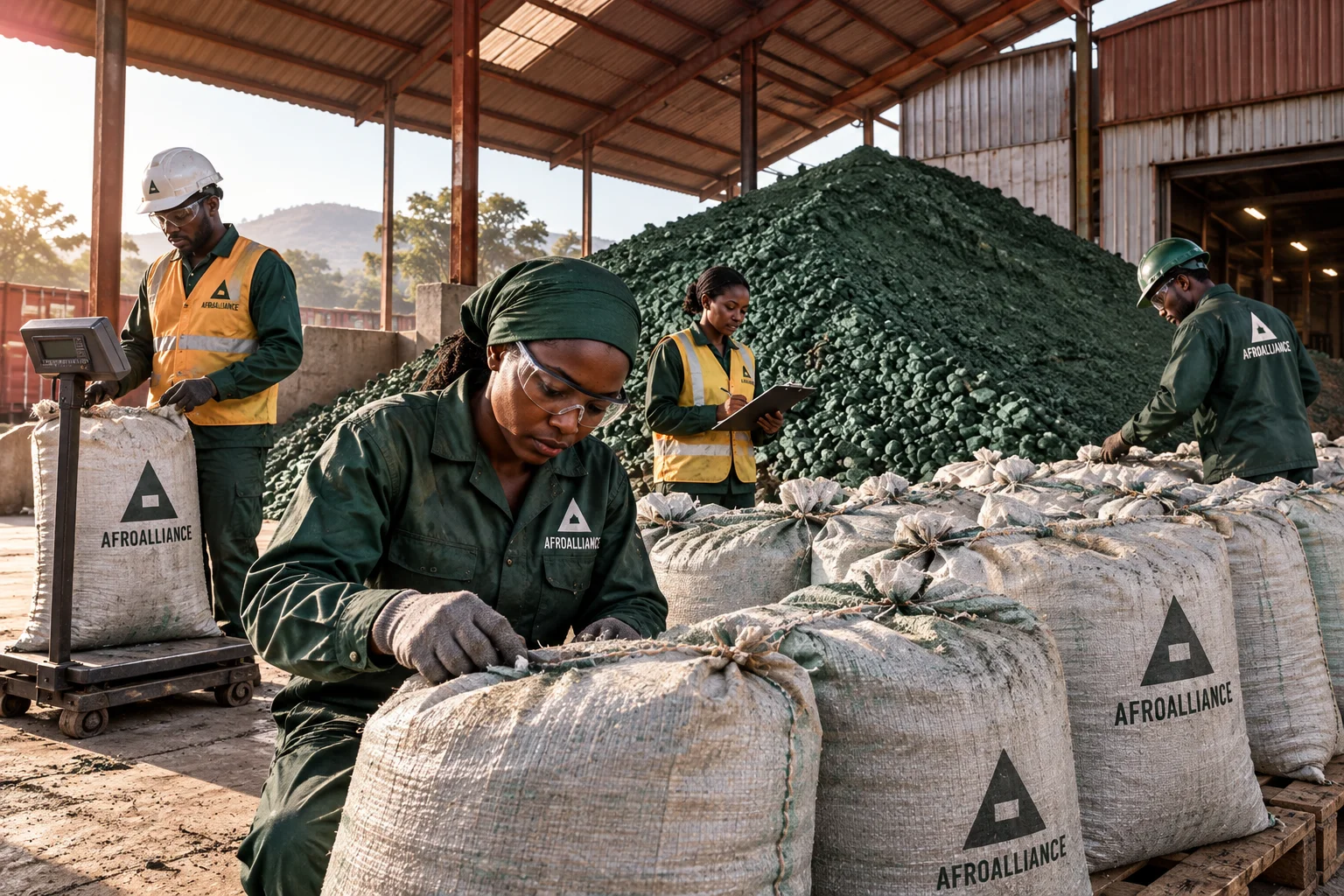 Illustrative Afroalliance brand scene: four workers checking coltan sacks beside a stockpile in a covered loading area.