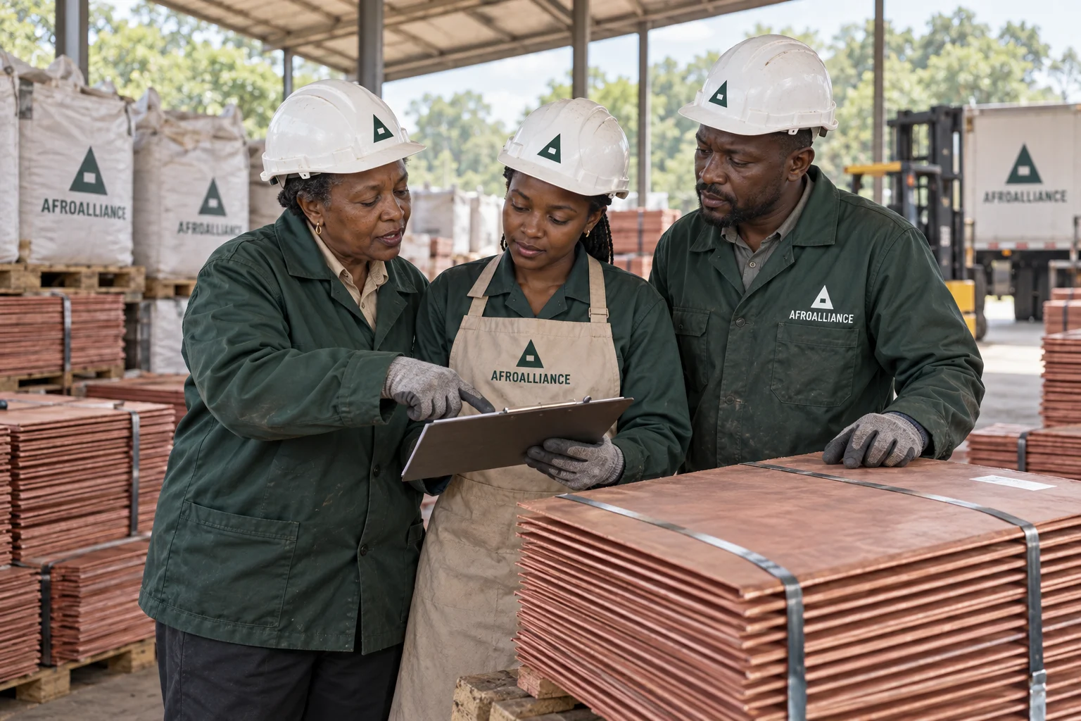 Illustrative Afroalliance brand scene: three workers reviewing dispatch preparations beside packed minerals and copper plates.