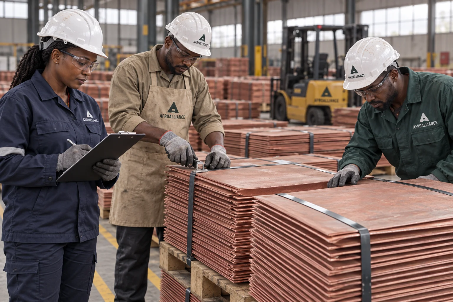 Illustrative Afroalliance brand scene: three workers inspecting strapped copper cathode plates on warehouse pallets.