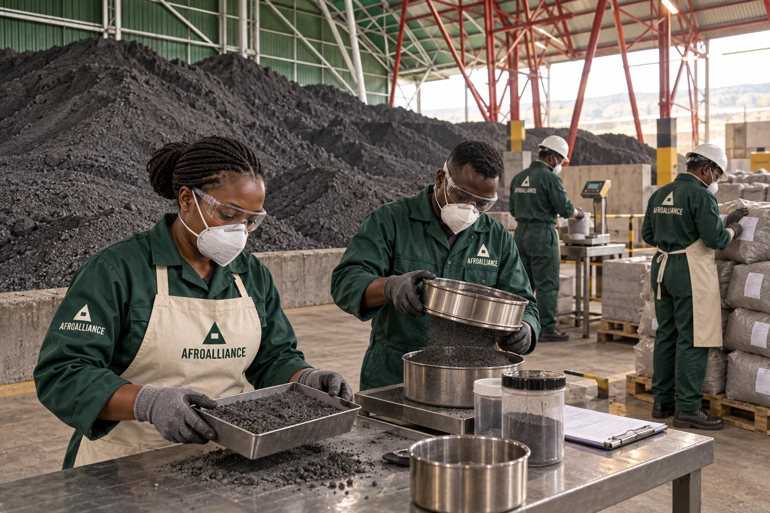 Illustrative Afroalliance brand scene: four workers sampling copper concentrate beside a substantial covered warehouse stockpile.