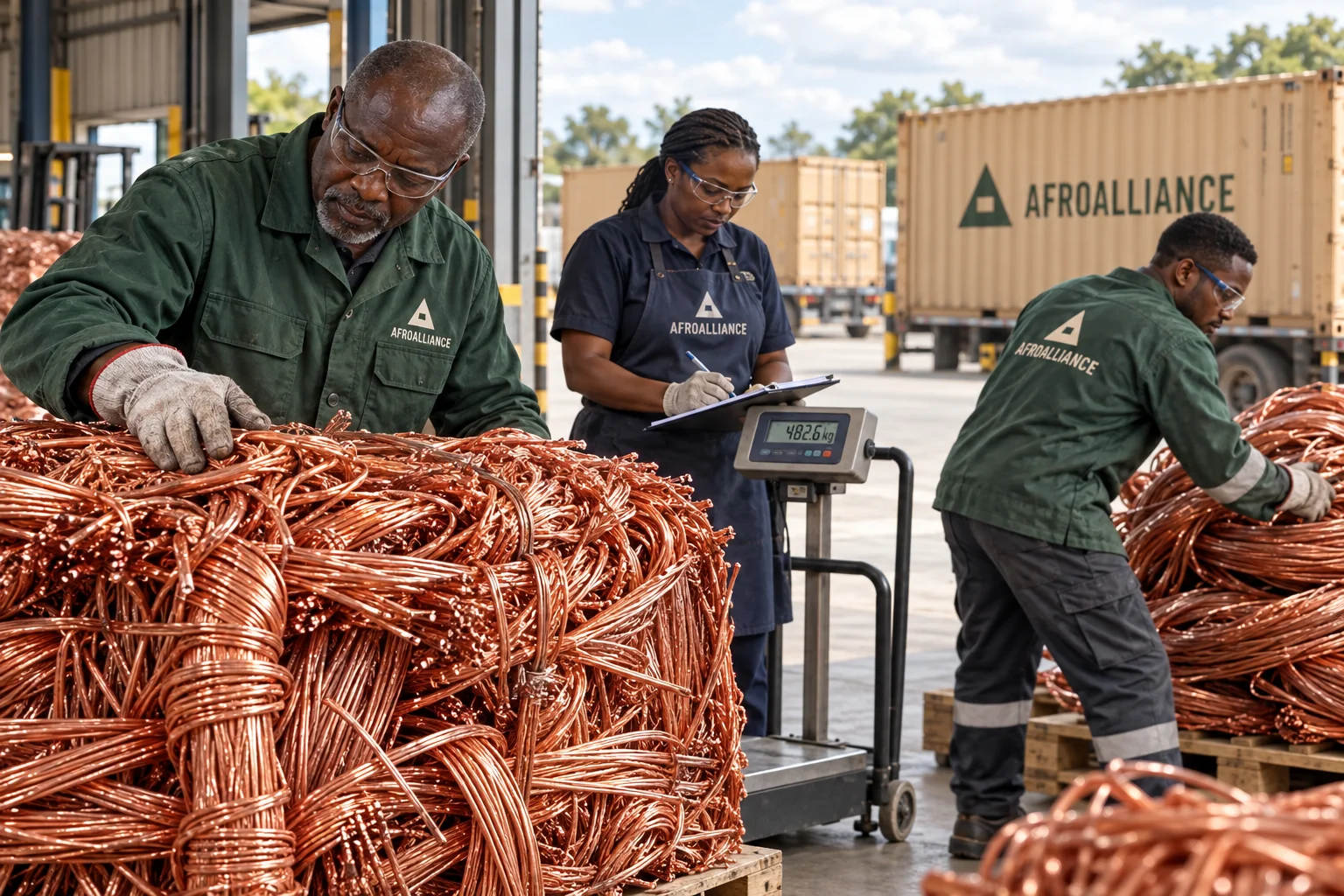 Illustrative Afroalliance brand scene: three workers inspecting bare copper-wire bundles in a loading bay.