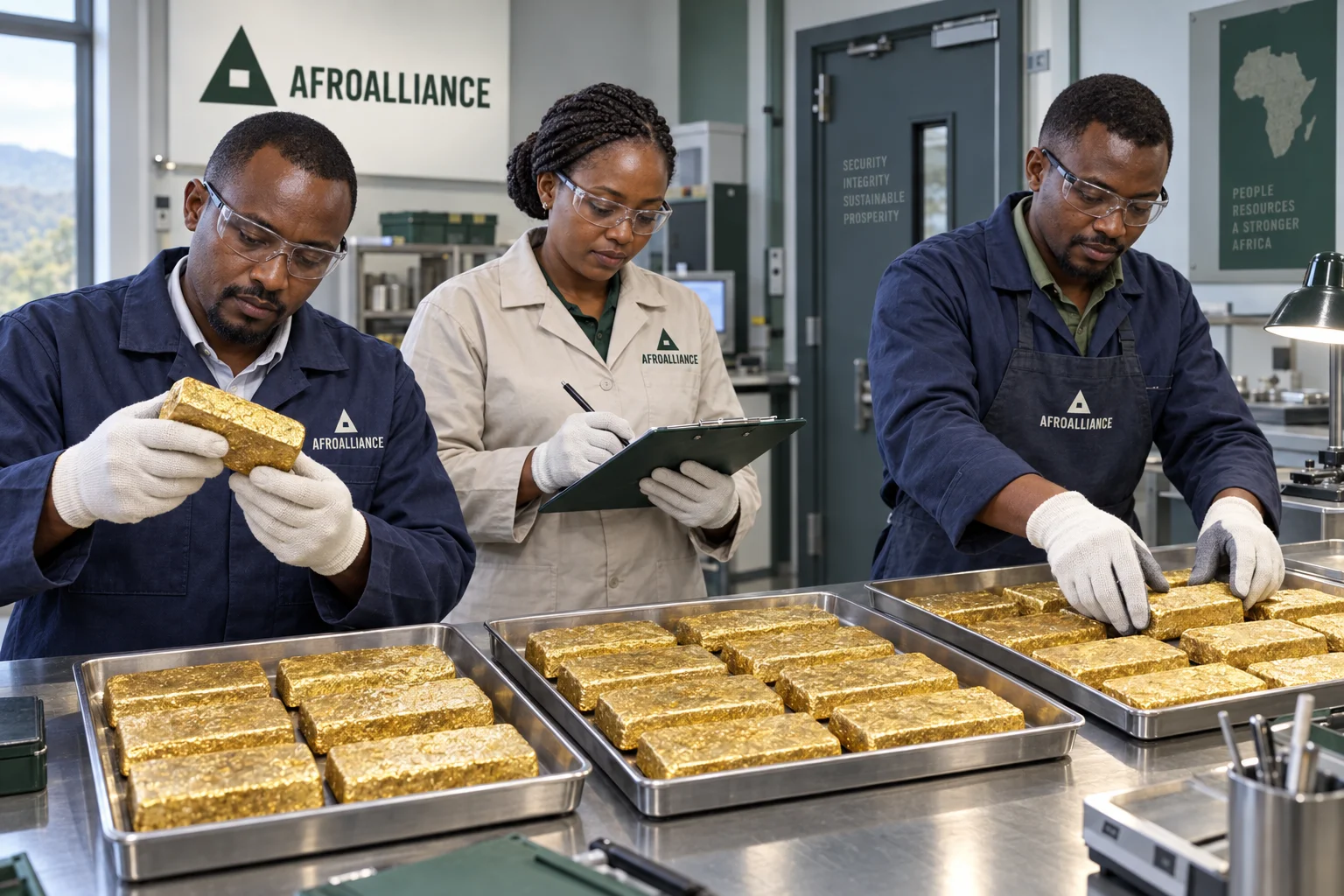 Illustrative Afroalliance brand scene: three workers inspecting aligned cast gold dor&eacute; bars in a secure inspection room.