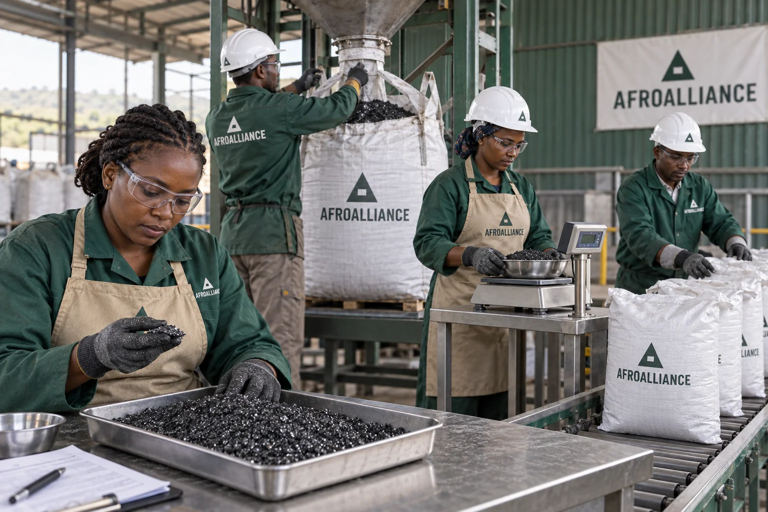 Illustrative Afroalliance brand scene: four workers at a graphite-concentrate bagging and quality-control station.