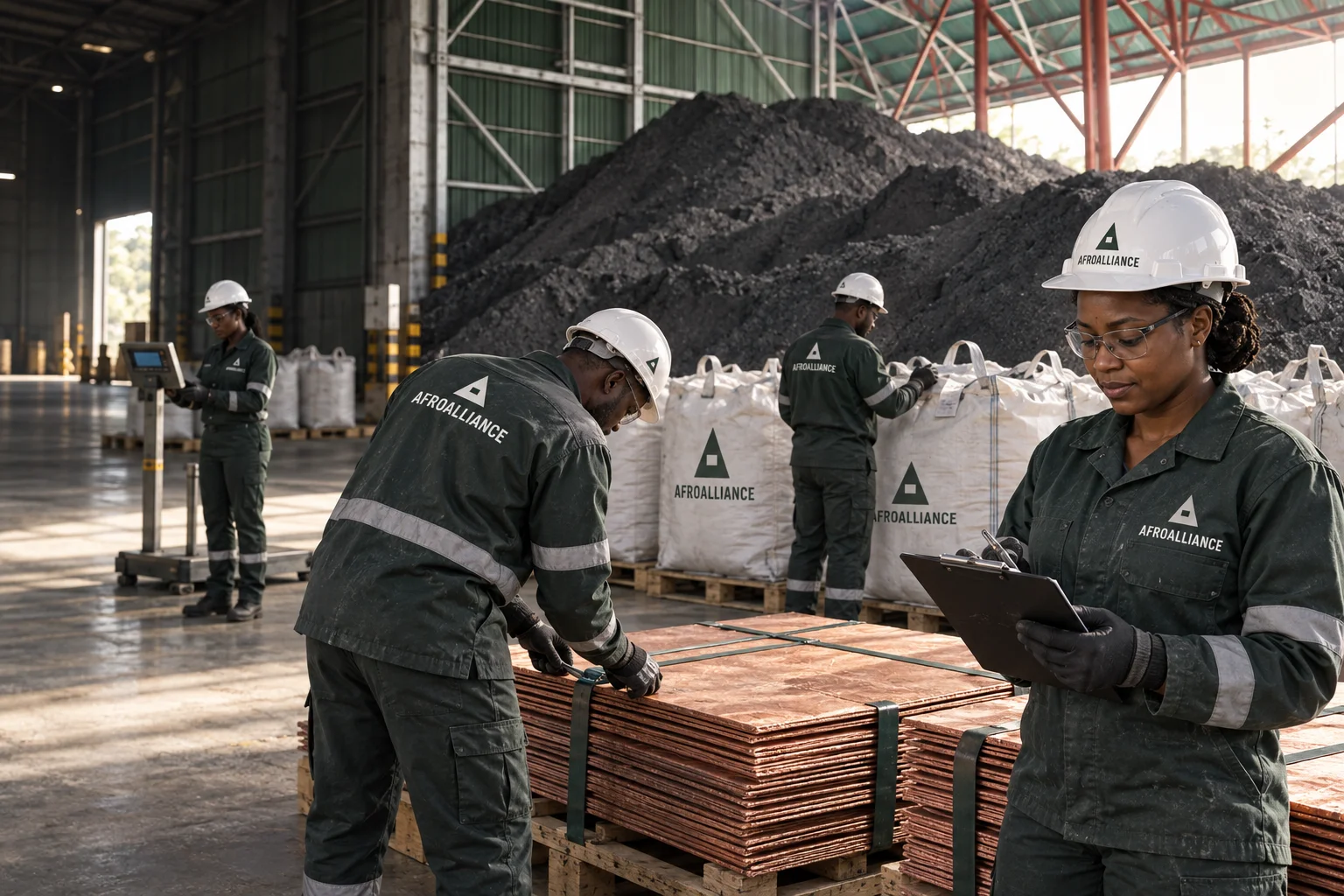 Illustrative Afroalliance brand scene: a four-person team preparing mineral and metal materials in a covered export warehouse.