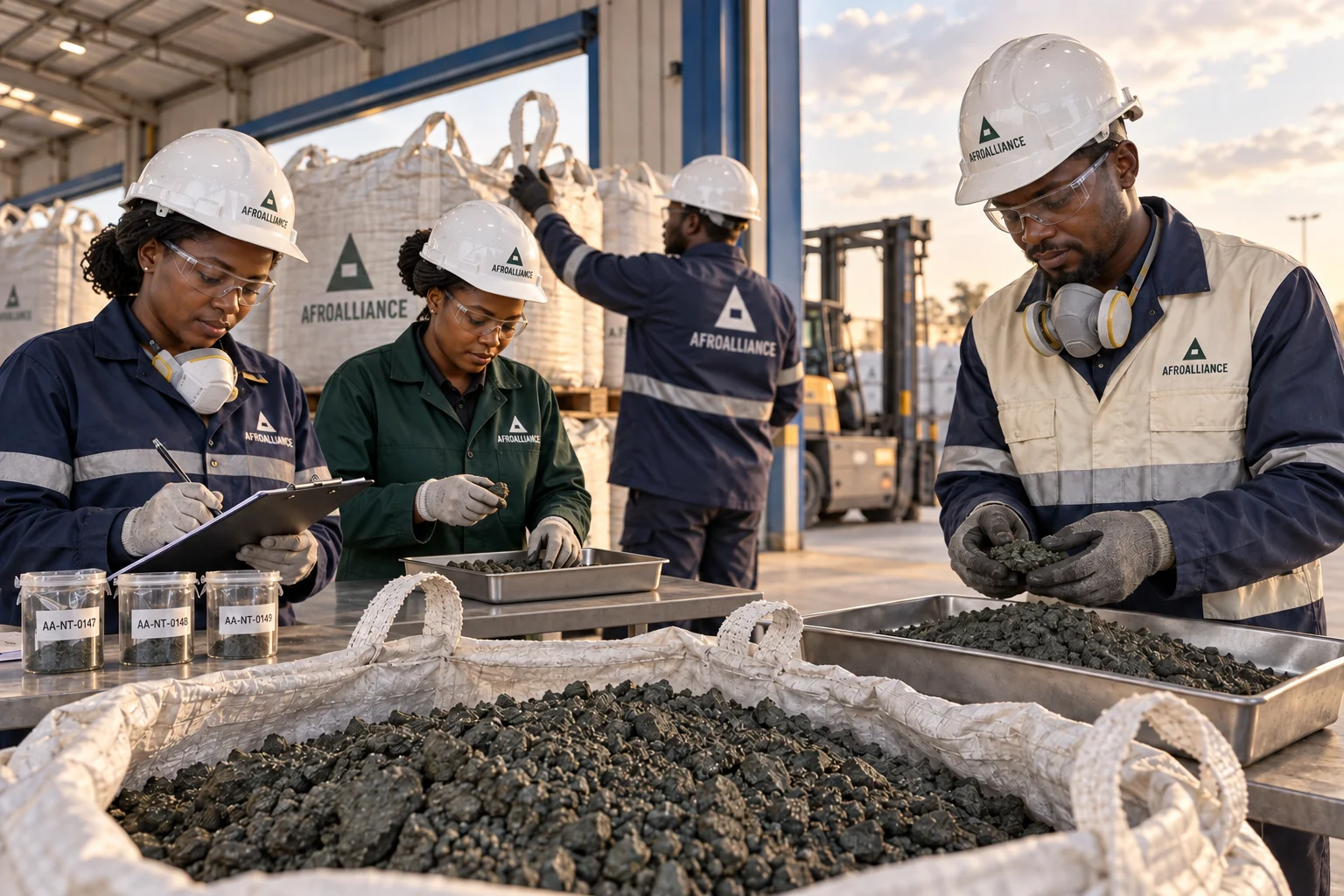 Illustrative Afroalliance brand scene: four workers inspecting nickel concentrate in a covered dispatch area.
