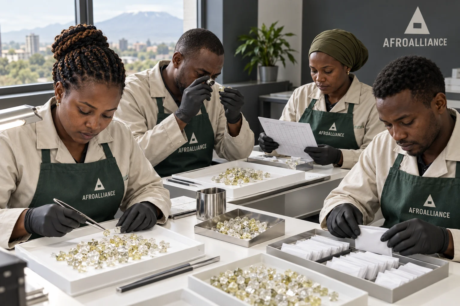 Illustrative Afroalliance brand scene: four workers sorting small rough-diamond parcels at an inspection bench.