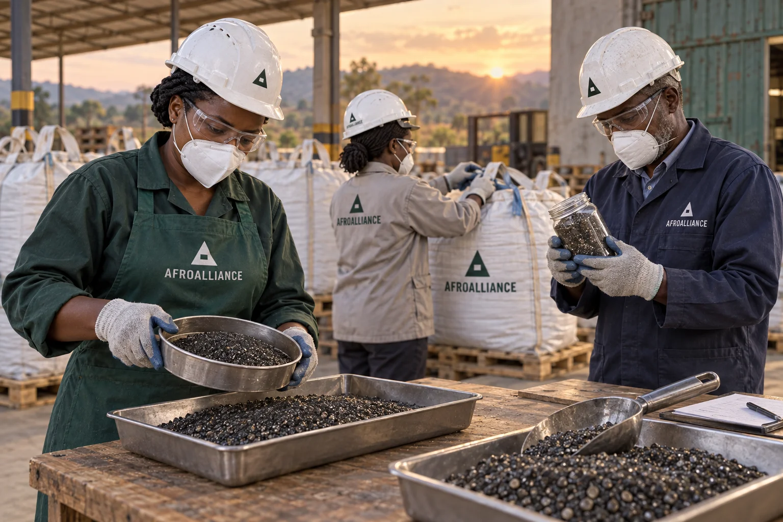 Illustrative Afroalliance brand scene: three workers checking tantalum-bearing concentrate samples beside packed bulk bags.