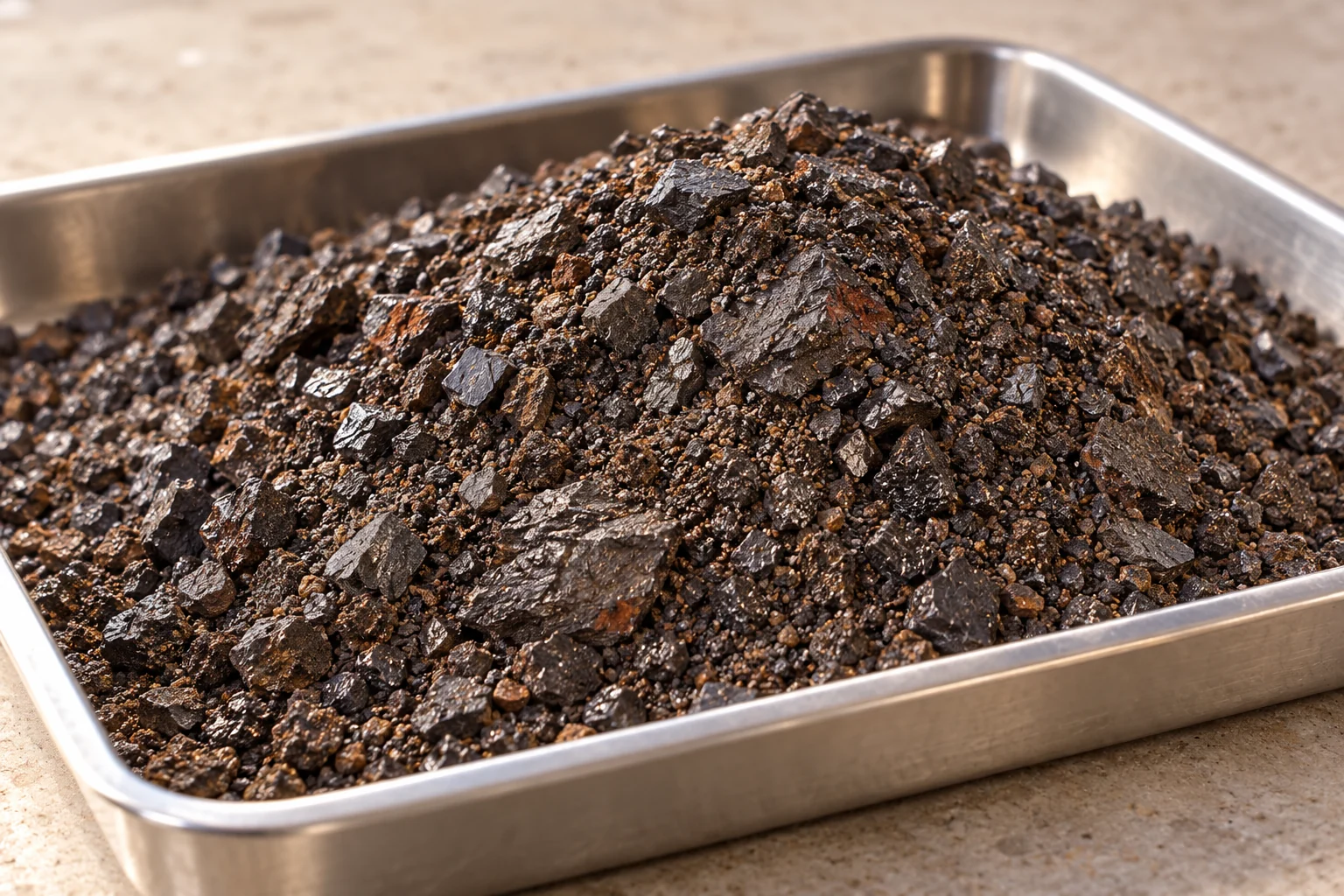 AI-generated illustration of dark tantalum-bearing concentrate in a stainless sample tray; not Afroalliance stock