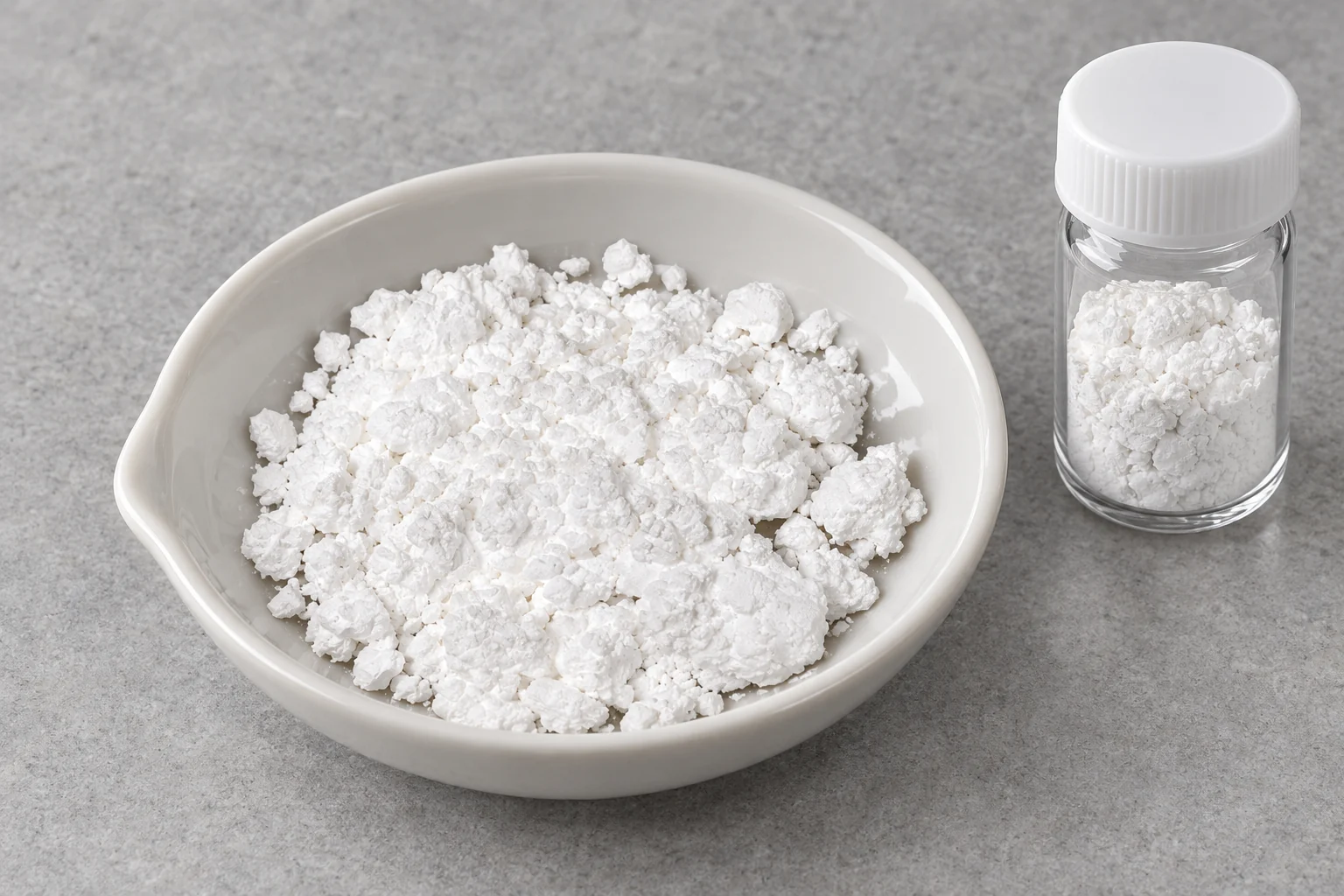 AI-generated illustration of white tantalum(V) oxide powder in a porcelain sample dish; not Afroalliance stock