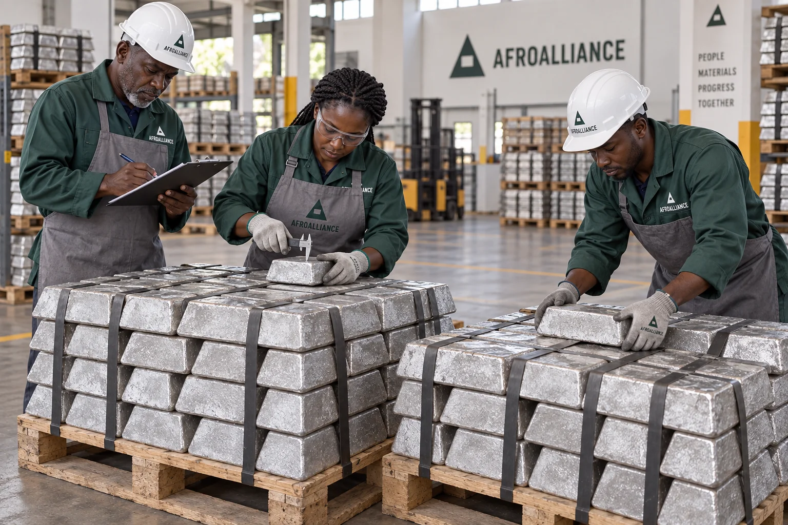 Illustrative Afroalliance brand scene: three workers checking and arranging silver-coloured tin ingots on pallets.