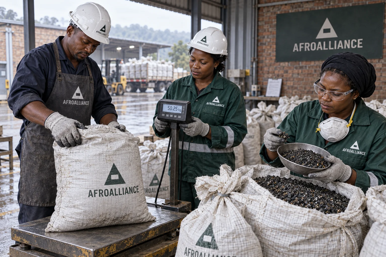 Illustrative Afroalliance brand scene: three workers weighing and checking tin-concentrate sacks.