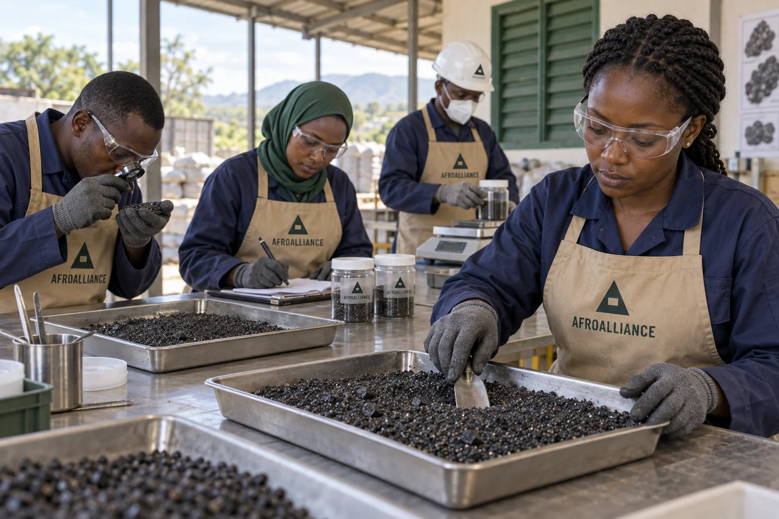 Illustrative Afroalliance brand scene: four workers assessing dark tungsten concentrate at a sampling table.